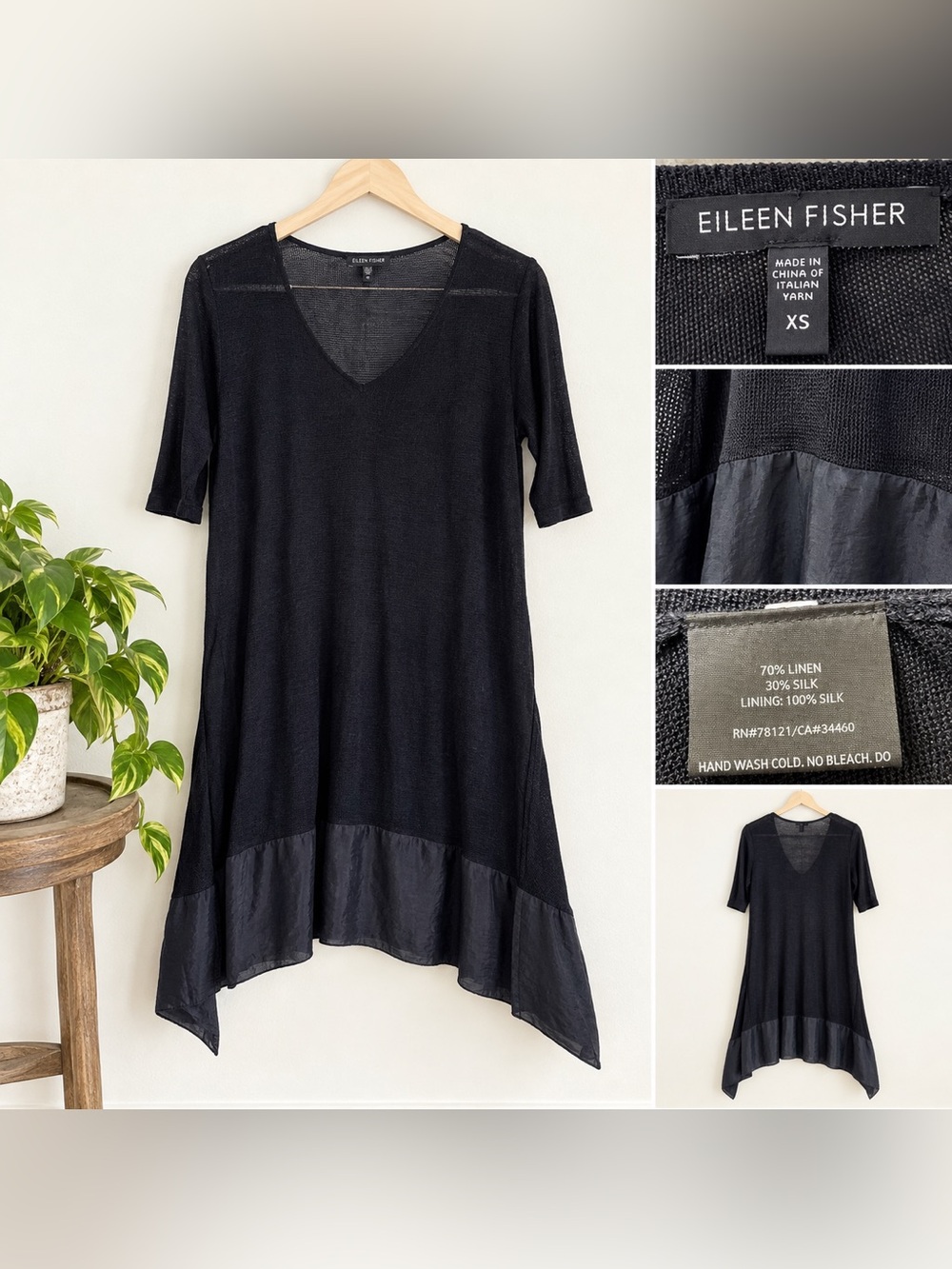 Eileen Fisher Dress XS Fine Gauge Linen Silk Tunic Short Sleeve Lightweight
